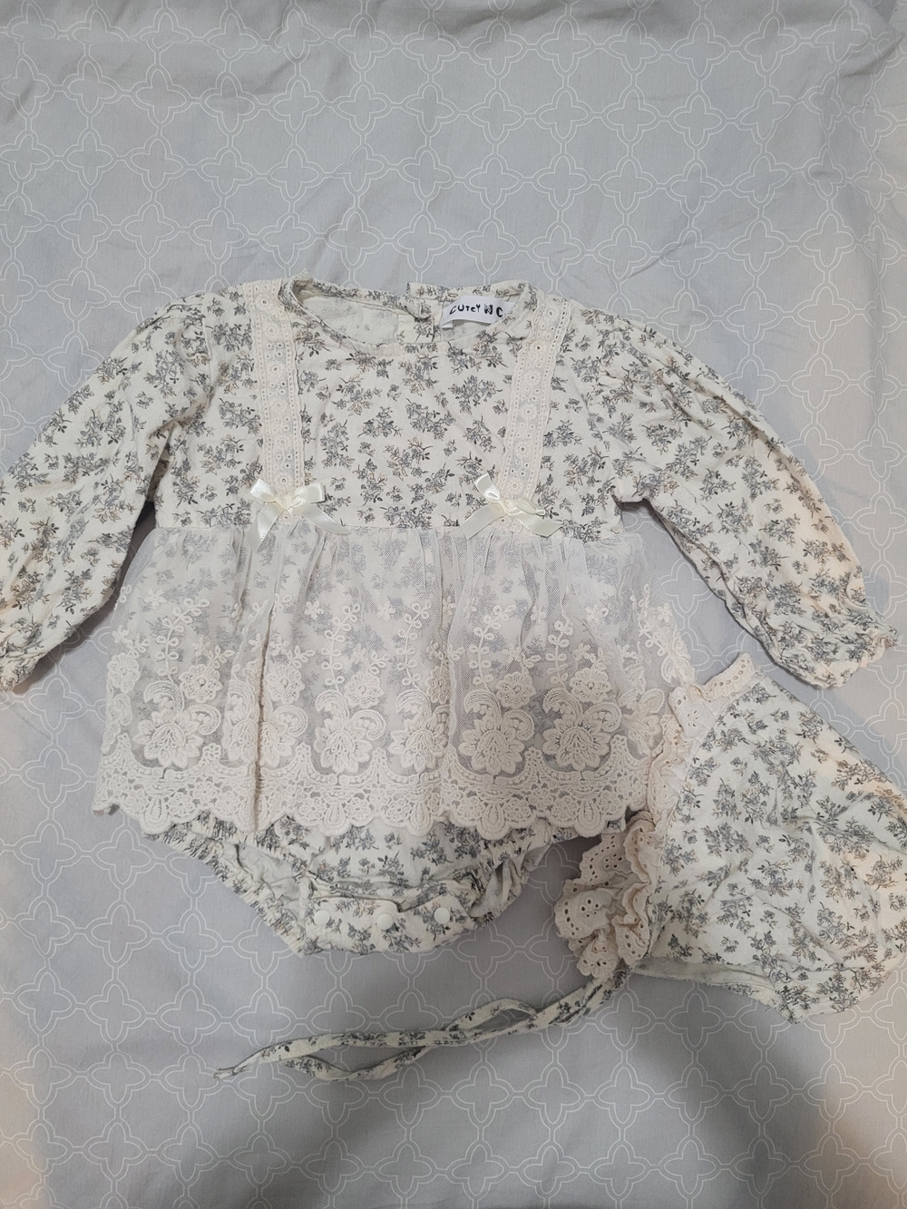 Cream Floral Lace Baby One-Piece with Bonnet -